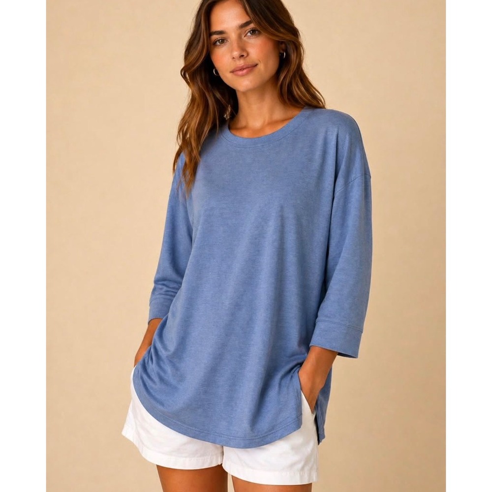 Athleta Tranquility Top Women's Medium Blue Soft Lounge Relaxed Round Neck Tunic